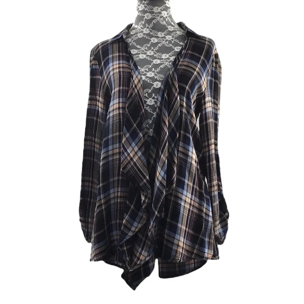 Hem & Thread Blue Tan Audrina Draped Plaid Cardigan Womens Small Open Front